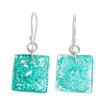 Square Recycled CD Dangle Earrings in Blue from Guatemala - Square Lakes