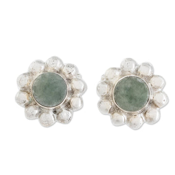 Bubble-Pattern Apple Green Jade Stud Earrings from Guatemala - Bubbly Flowers