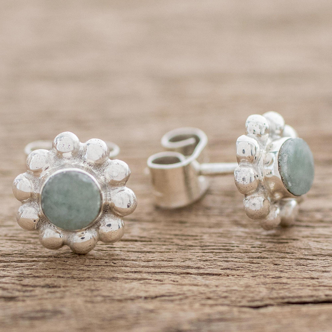 Bubble-Pattern Apple Green Jade Stud Earrings from Guatemala - Bubbly Flowers