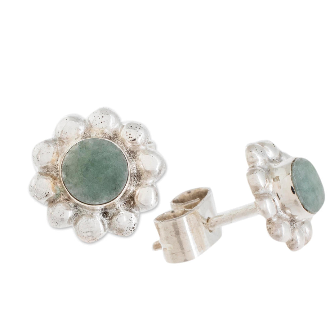 Bubble-Pattern Apple Green Jade Stud Earrings from Guatemala - Bubbly Flowers