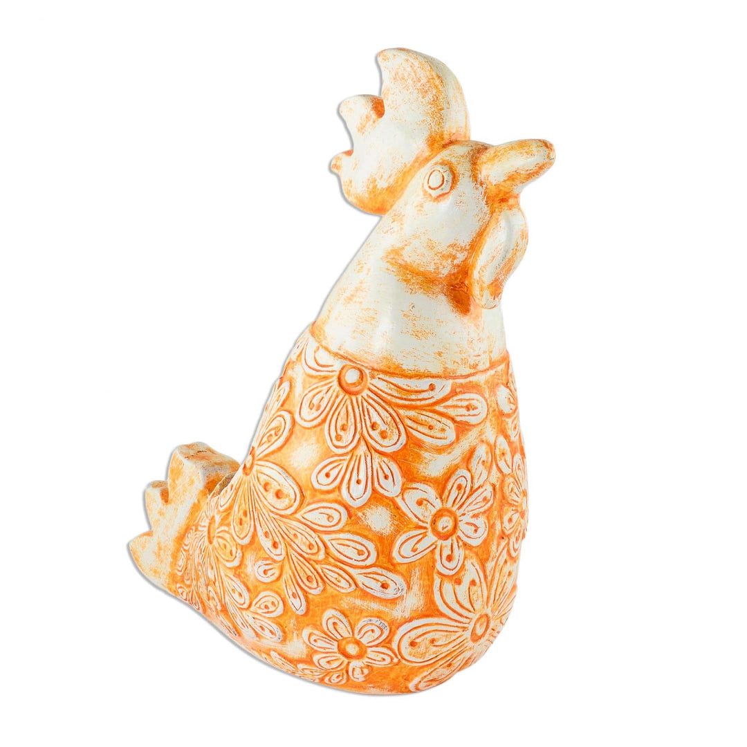 Orange Ceramic Rooster Flower Pot from El Salvador - Proud Ginger Rooster