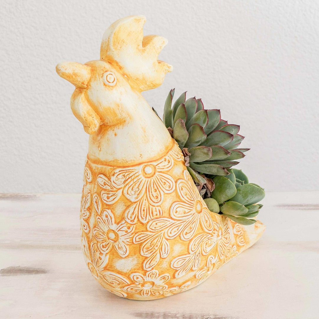 Orange Ceramic Rooster Flower Pot from El Salvador - Proud Ginger Rooster