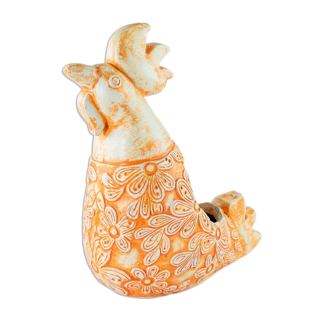 Orange Ceramic Rooster Flower Pot from El Salvador - Proud Ginger Rooster