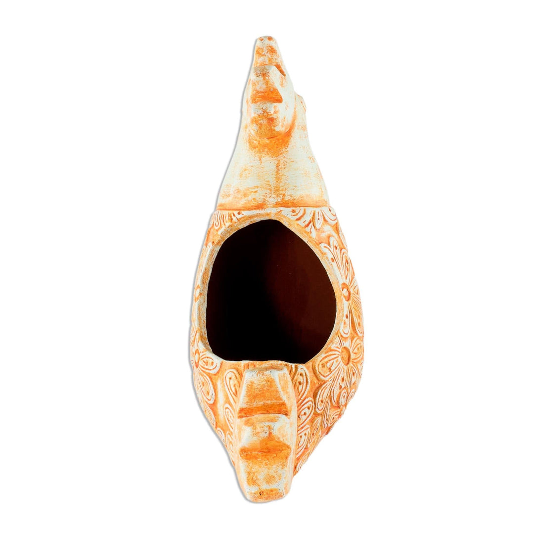 Orange Ceramic Rooster Flower Pot from El Salvador - Proud Ginger Rooster