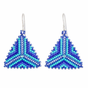 Triangular Glass Beaded Dangle Earrings in Blue - Tribal Triangles