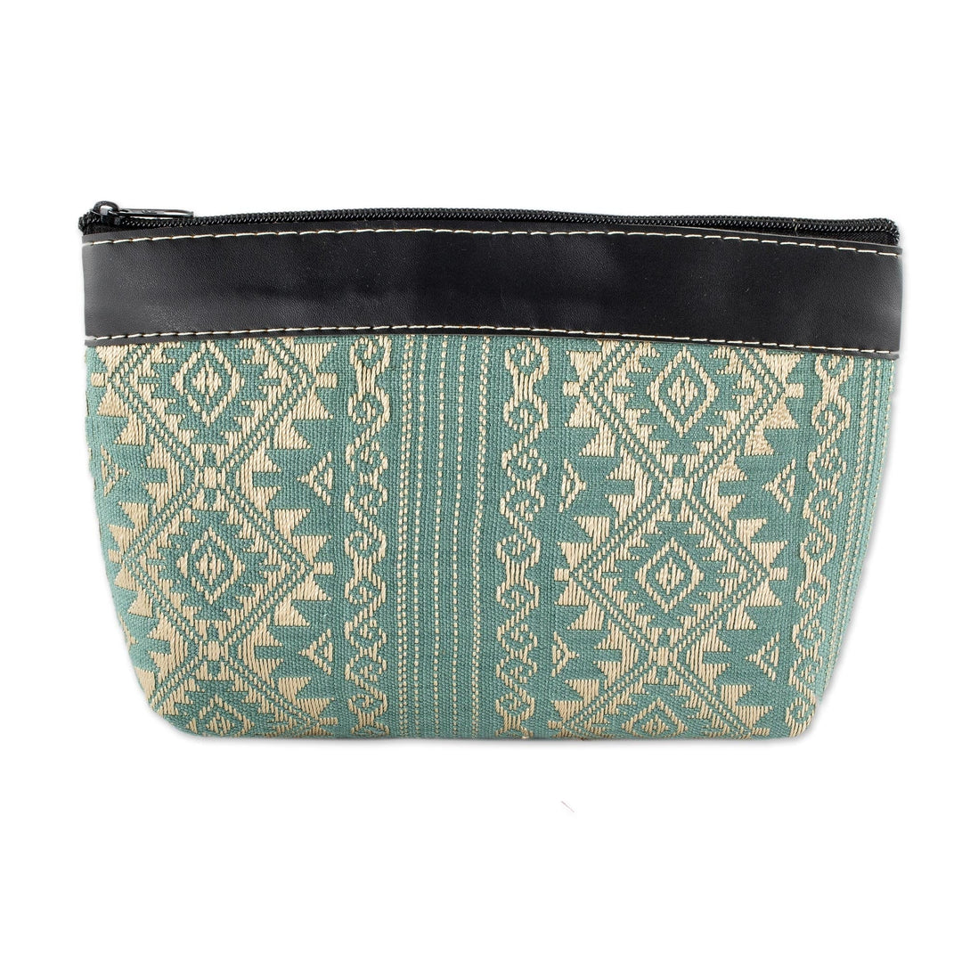 Hand Woven Cosmetic Bag in Aqua and Beige - Sweet Journey in Aqua