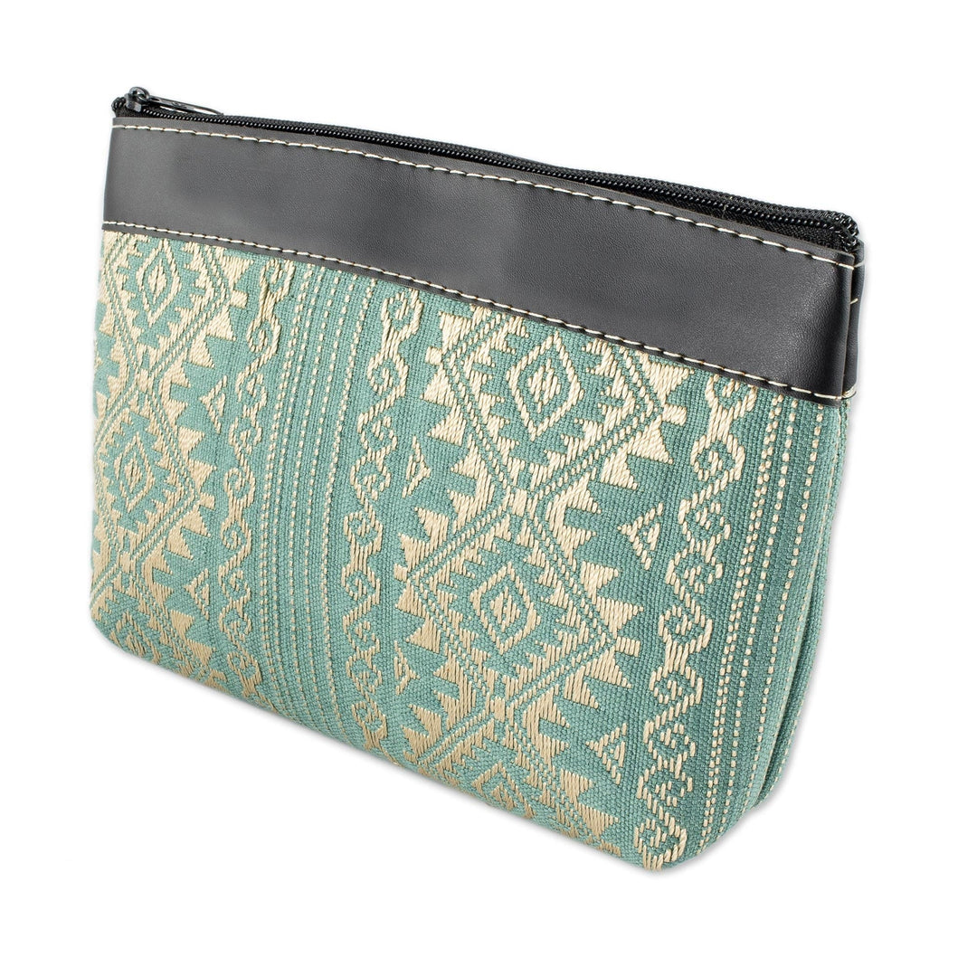 Hand Woven Cosmetic Bag in Aqua and Beige - Sweet Journey in Aqua