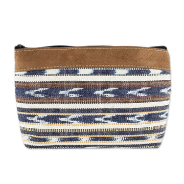 Faux Suede Trimmed Cotton Cosmetic Bag - Antigua Azul