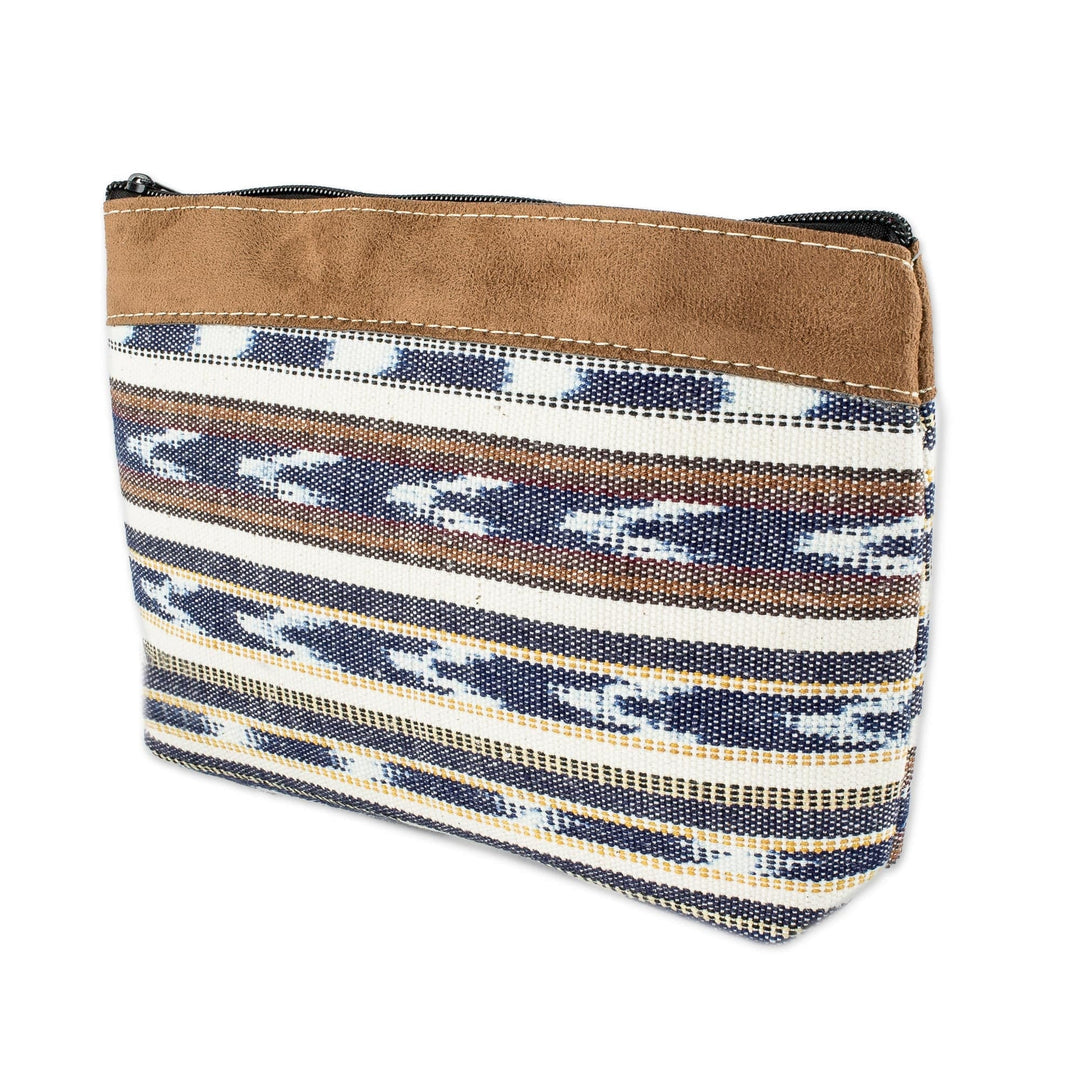 Faux Suede Trimmed Cotton Cosmetic Bag - Antigua Azul
