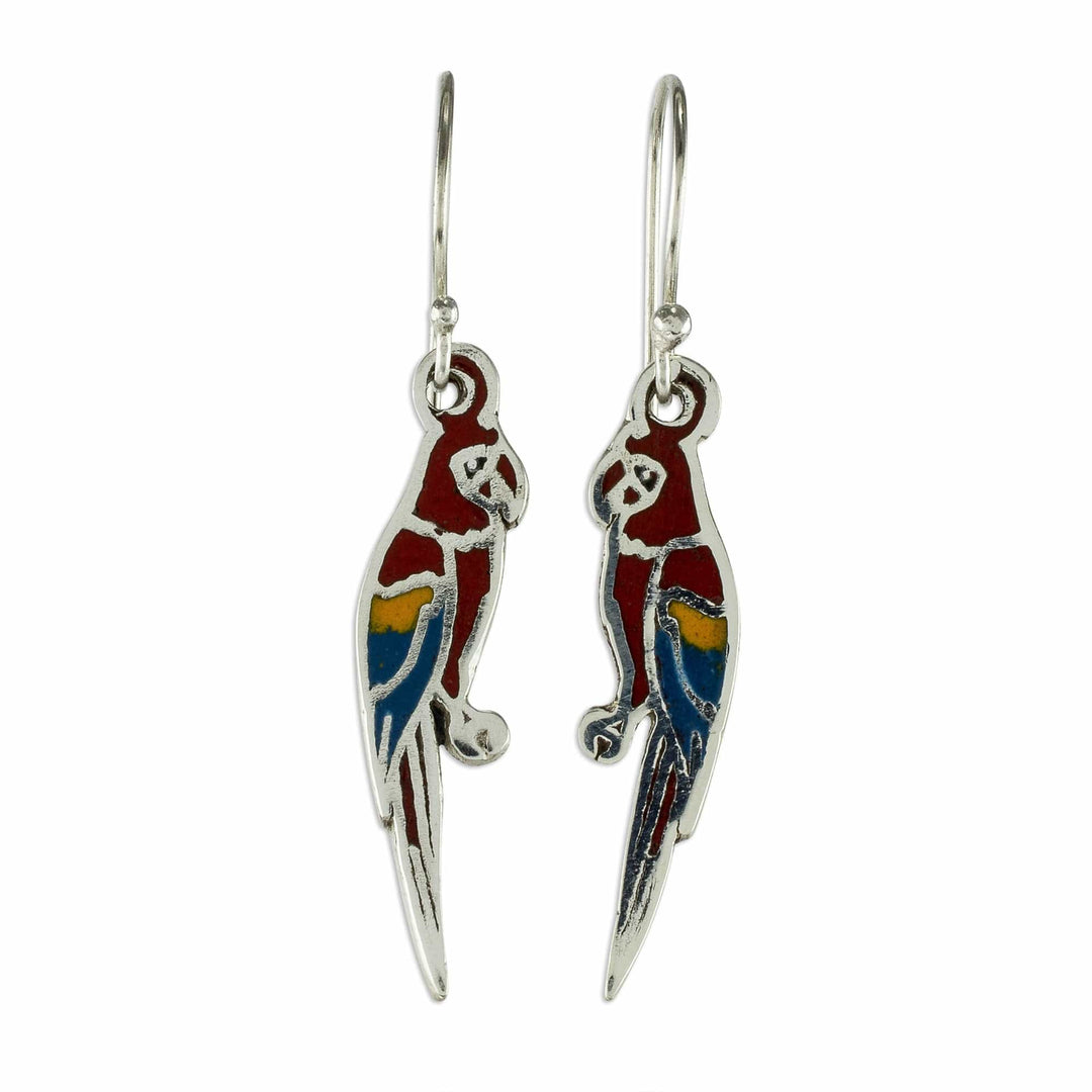 Enameled Sterling Silver Costa Rican Macaw Earrings - Scarlet Macaws