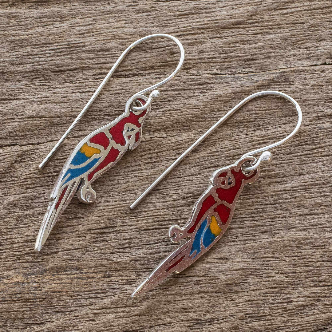 Enameled Sterling Silver Costa Rican Macaw Earrings - Scarlet Macaws