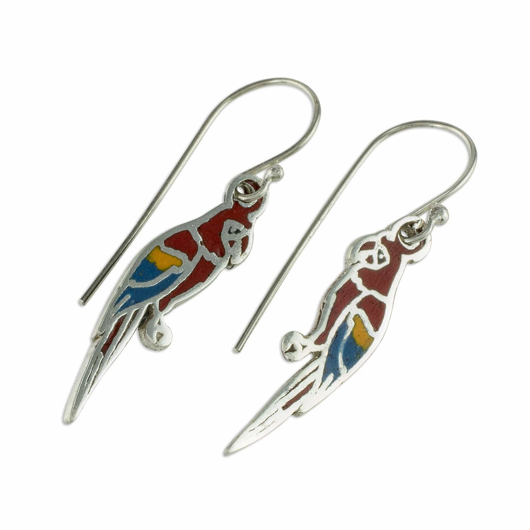 Enameled Sterling Silver Costa Rican Macaw Earrings - Scarlet Macaws