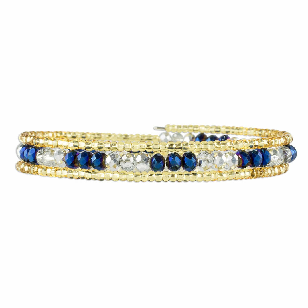 Blue and Gold Crystal Beaded Wrap Bracelet - Brilliant Blue