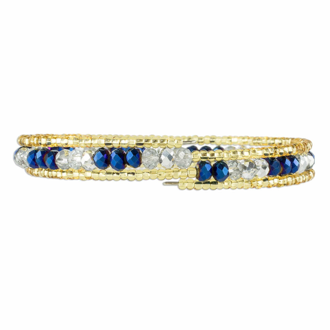 Blue and Gold Crystal Beaded Wrap Bracelet - Brilliant Blue
