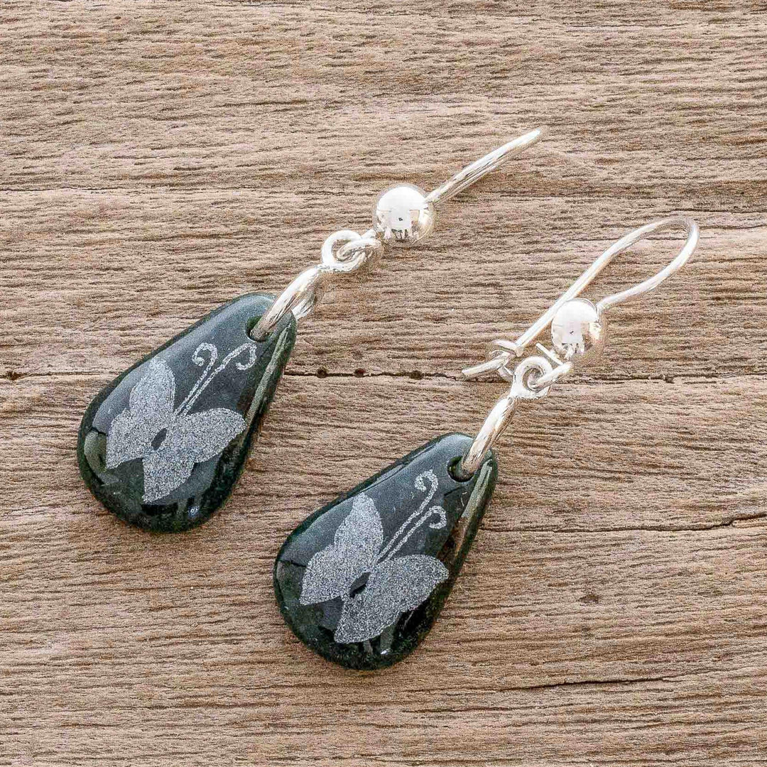Sterling Silver and Jade Butterfly Dangle Earrings - Living Nature - Butterfly