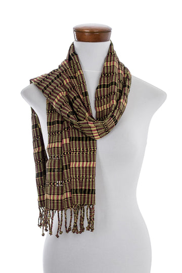 Green-Yellow-Peach Handwoven Cotton Scarf from Guatemala - Sunny Forest Rose