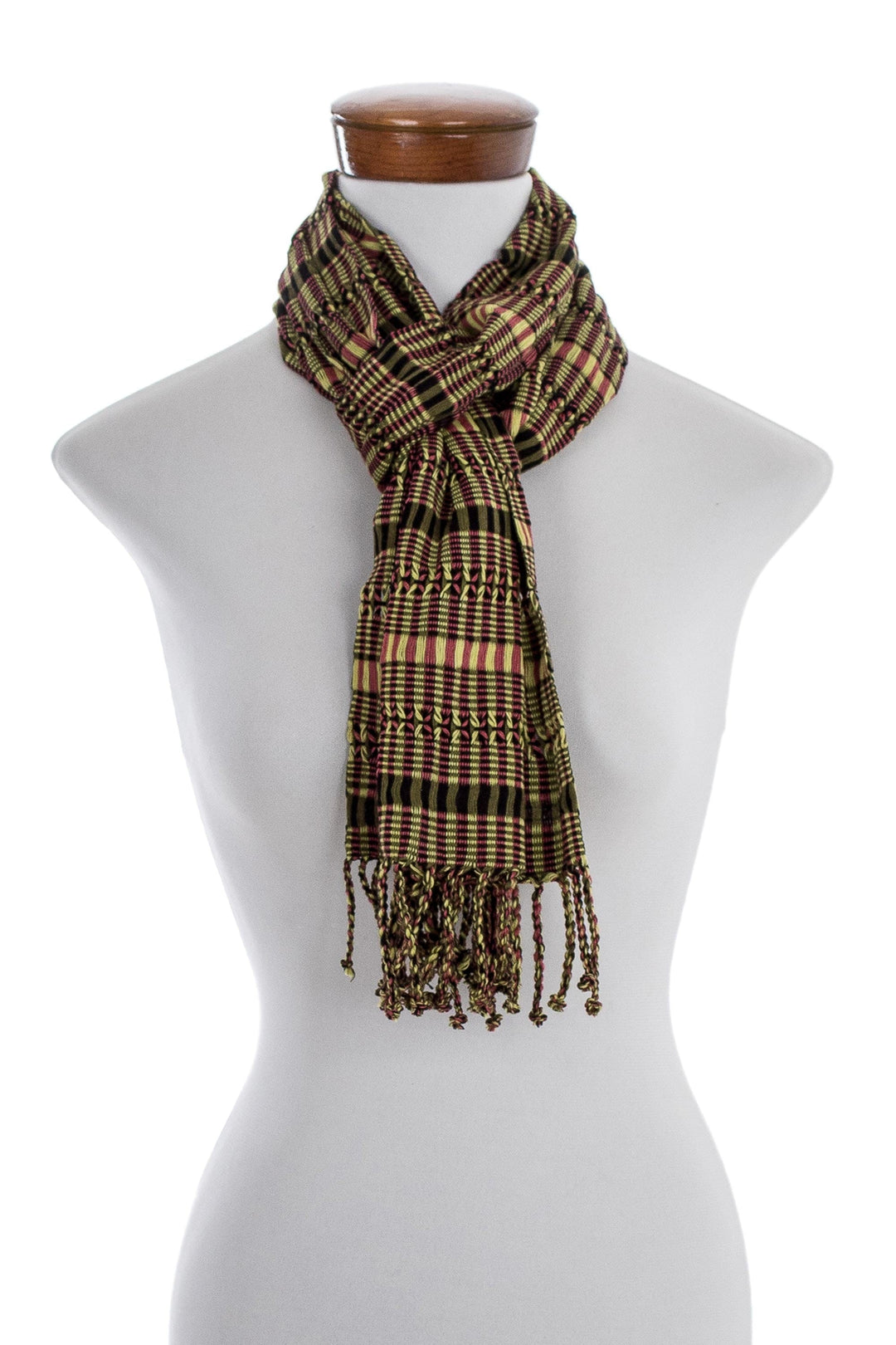 Green-Yellow-Peach Handwoven Cotton Scarf from Guatemala - Sunny Forest Rose