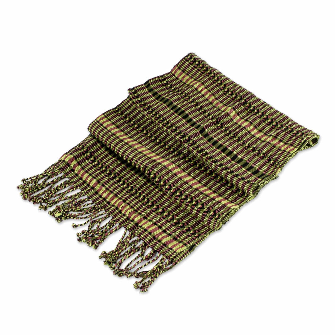 Green-Yellow-Peach Handwoven Cotton Scarf from Guatemala - Sunny Forest Rose