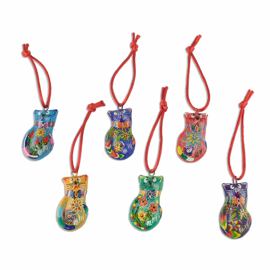 Festive Hand Painted Ceramic Cat Ornaments (Set of 6) - Festive Cats