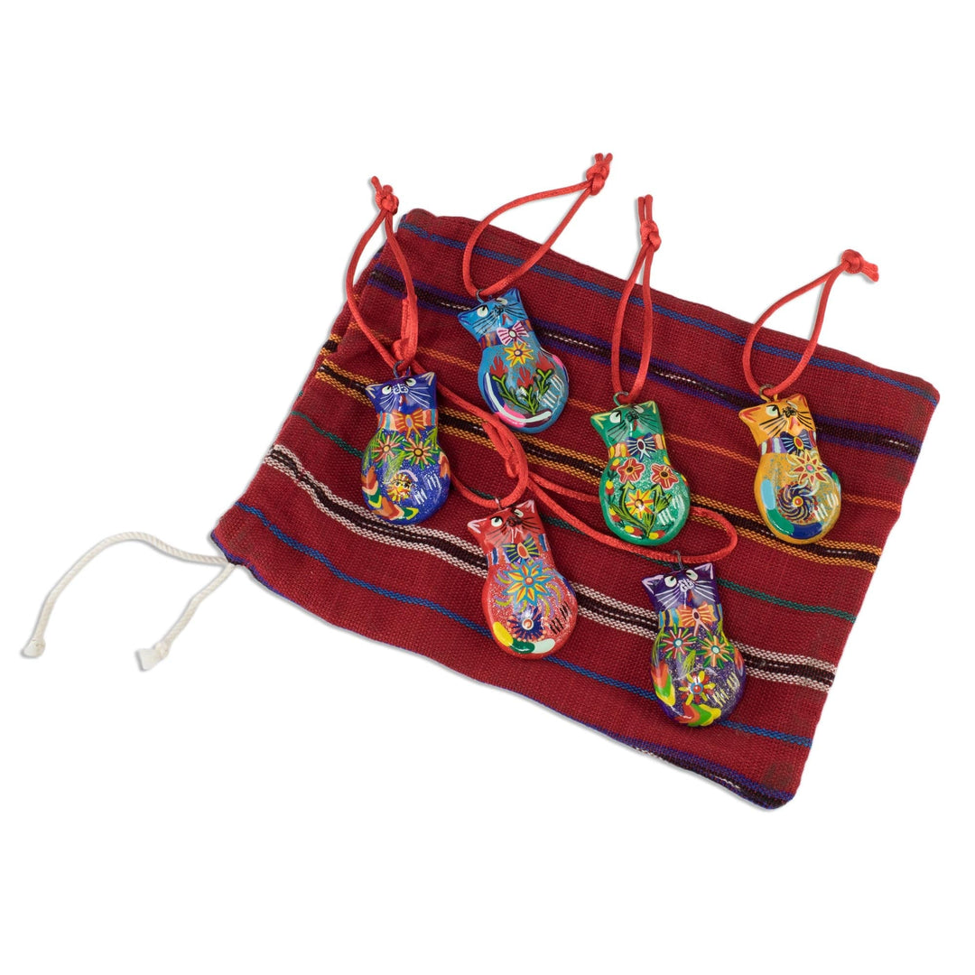 Festive Hand Painted Ceramic Cat Ornaments (Set of 6) - Festive Cats