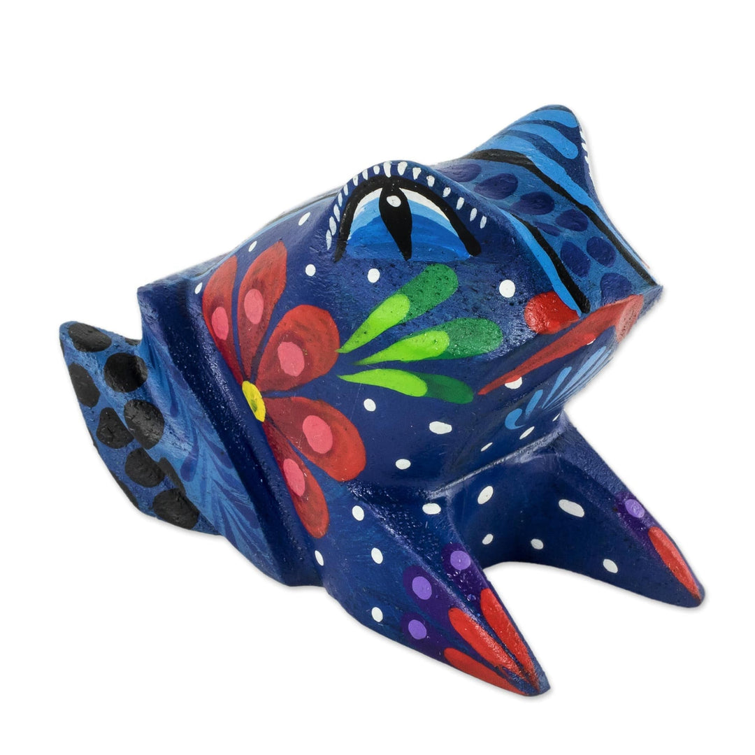 Hand Painted Blue Frog Wood Figurine - Blue Frog