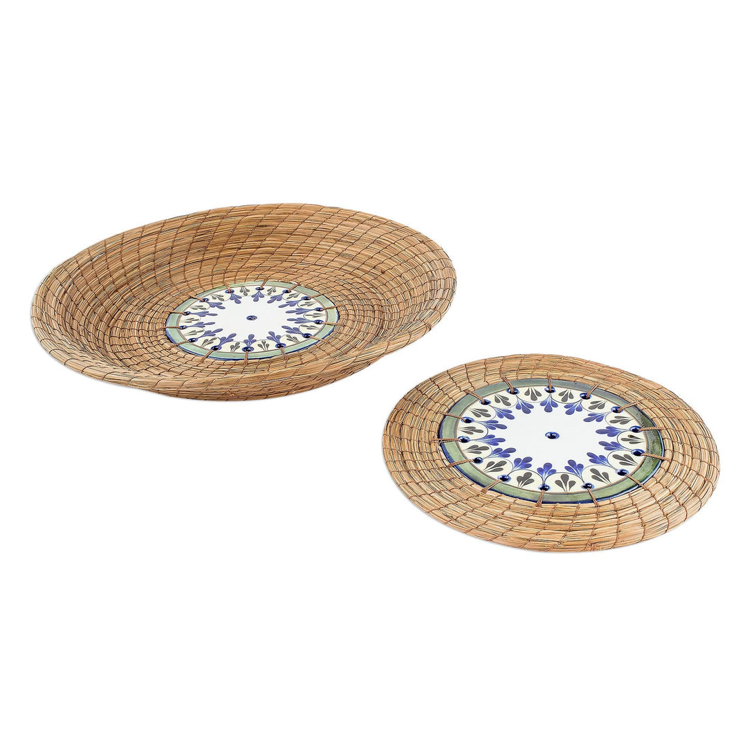 Pine Needle and Ceramic Basket and Trivet (Pair) - Natural Beauty