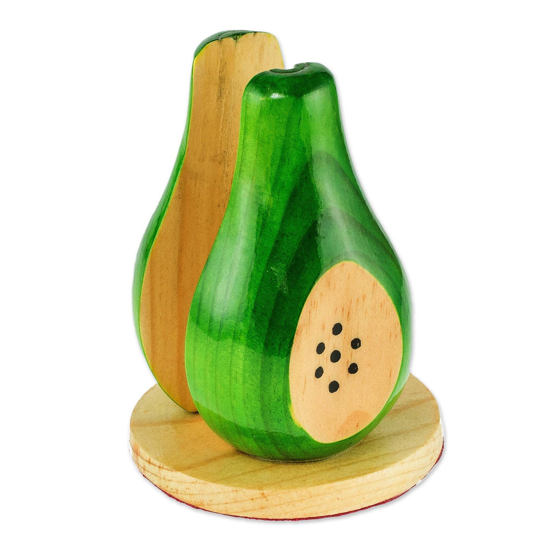 Handcarved Pine Wood Napkin Holder - Green Pear