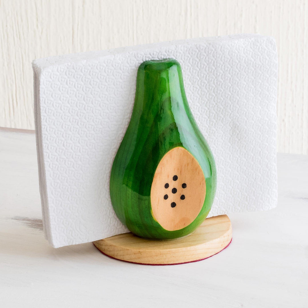 Handcarved Pine Wood Napkin Holder - Green Pear