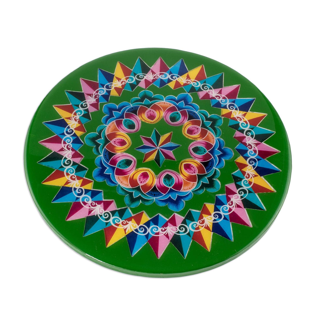 Hand Painted Wood Trivet - Costa Rican Mandala in Green