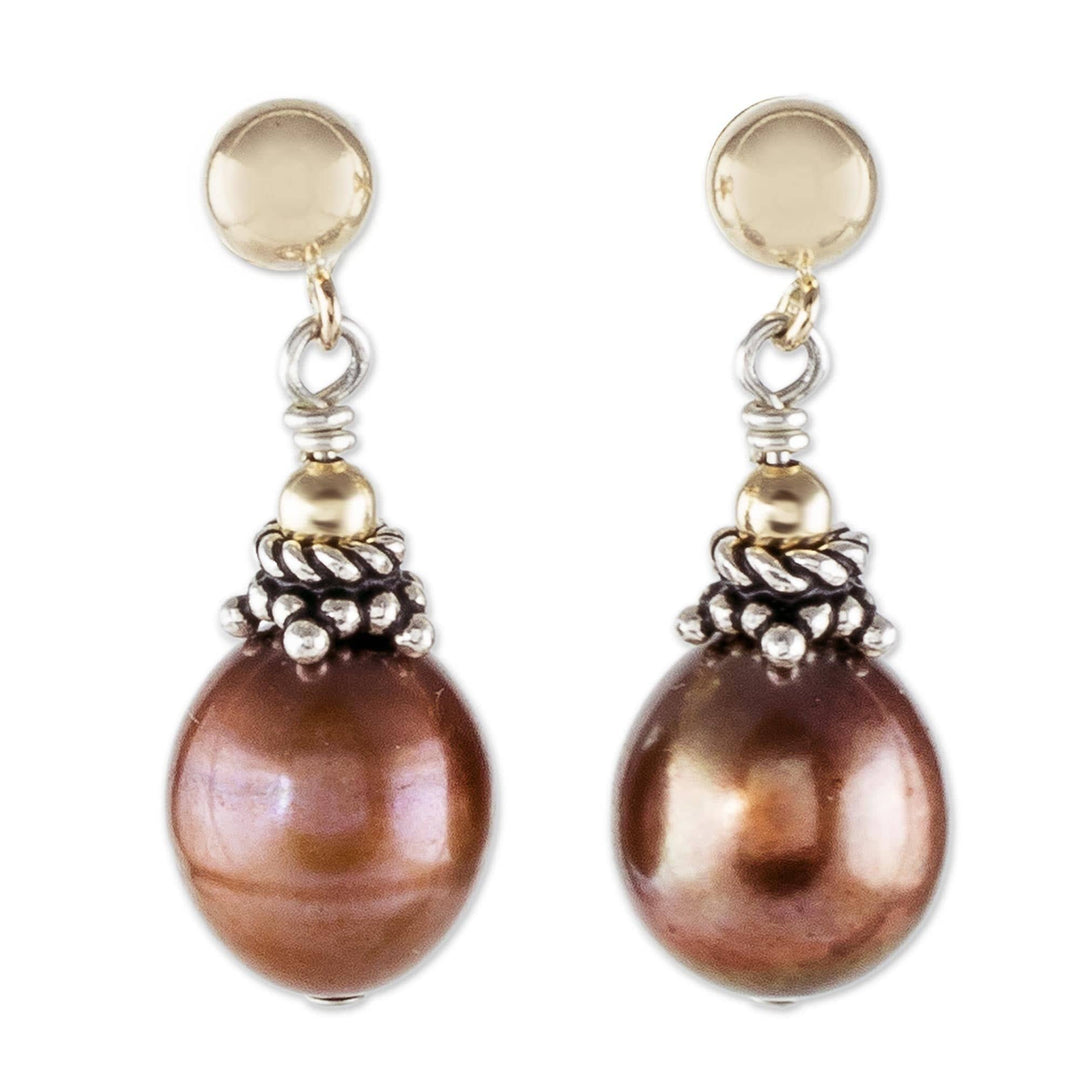 Dangle Earrings with Brown Cultured Pearls - Costa Rican Coffee