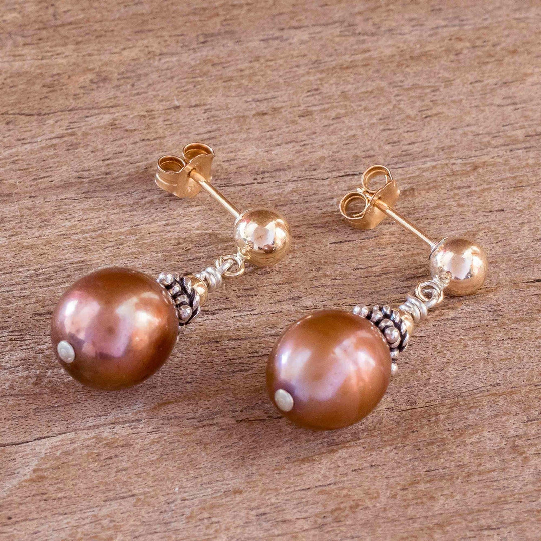 Dangle Earrings with Brown Cultured Pearls - Costa Rican Coffee