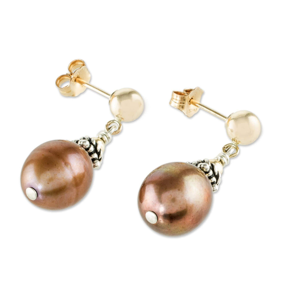 Dangle Earrings with Brown Cultured Pearls - Costa Rican Coffee
