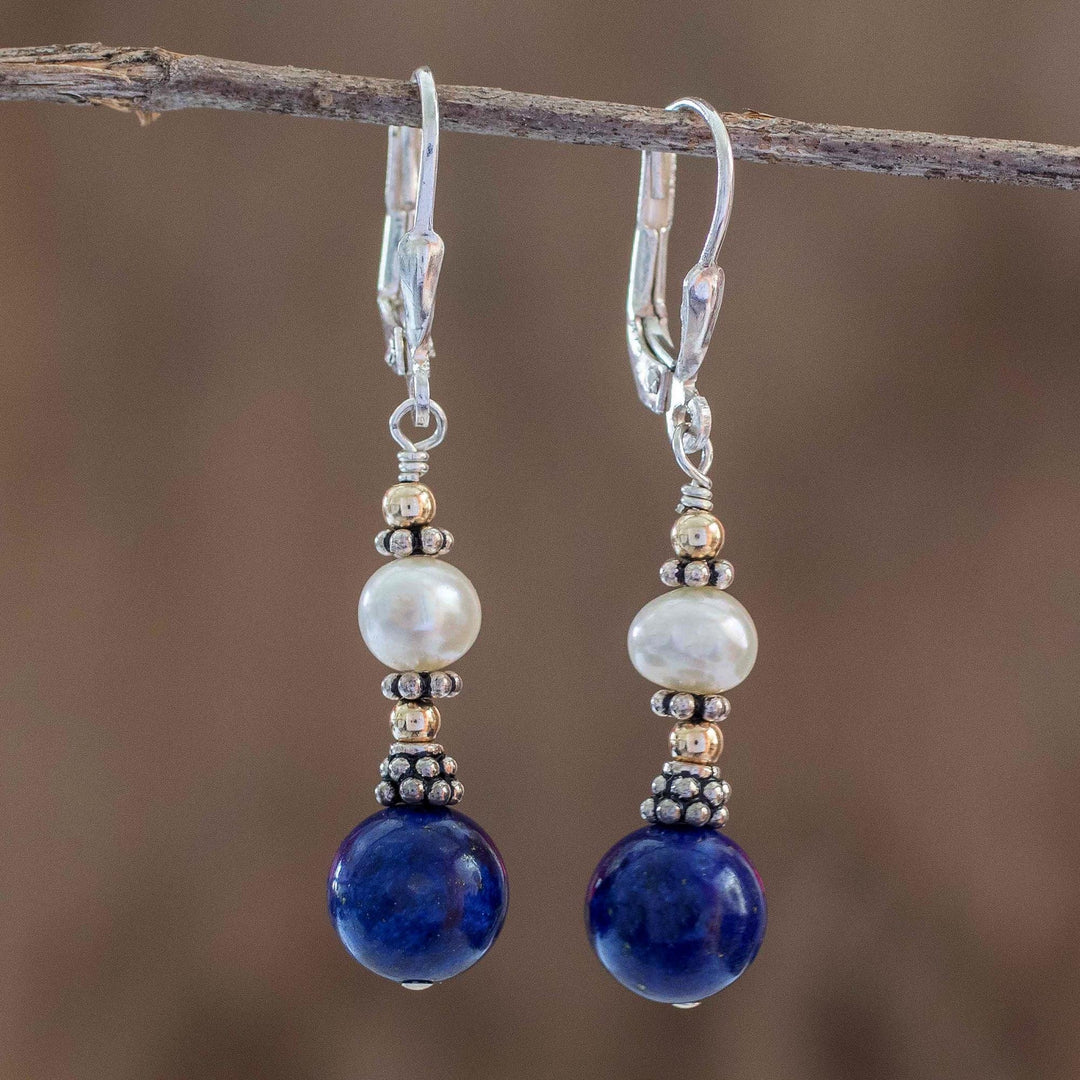 Lapis Lazuli and Cultured Pearl Earrings - Blue and White