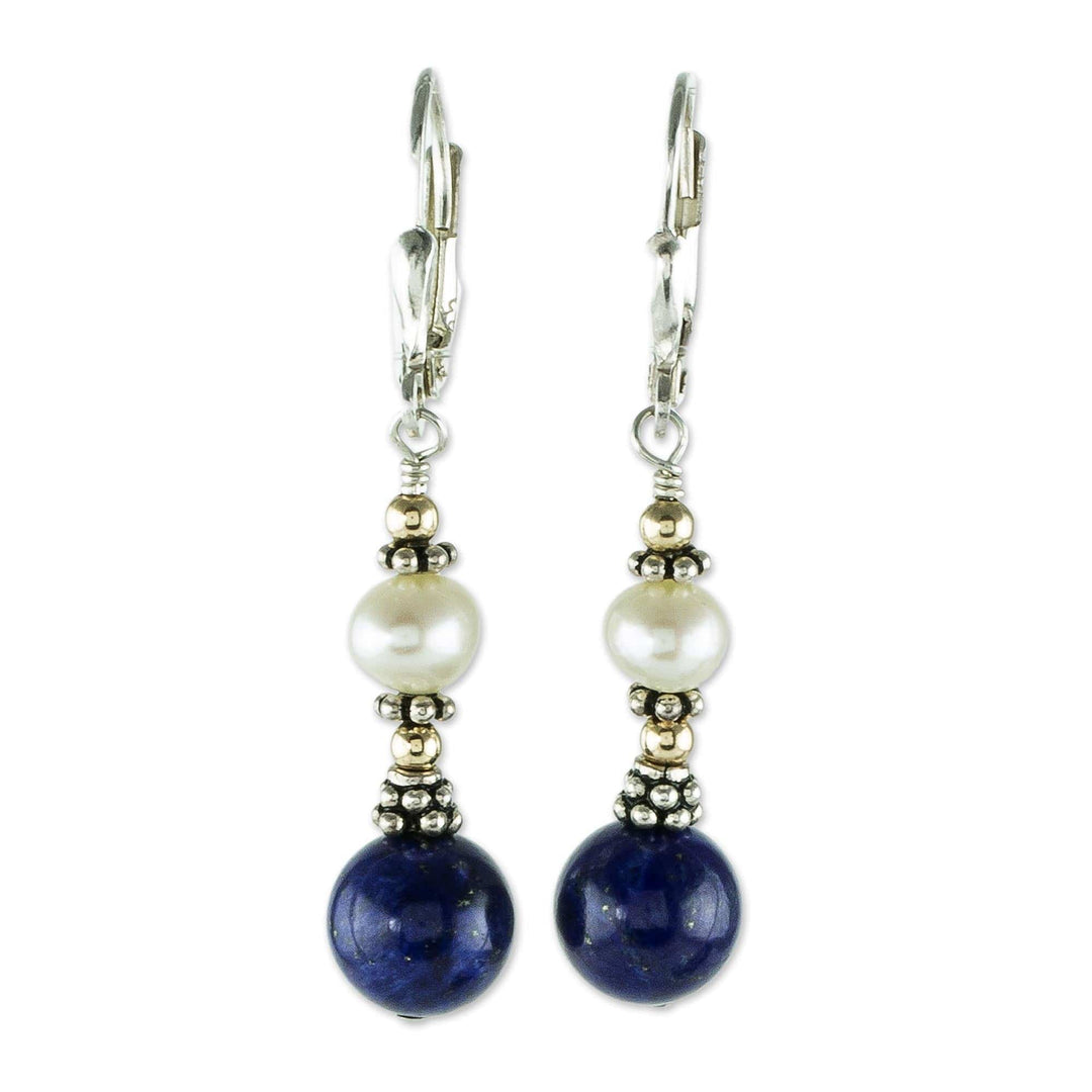Lapis Lazuli and Cultured Pearl Earrings - Blue and White