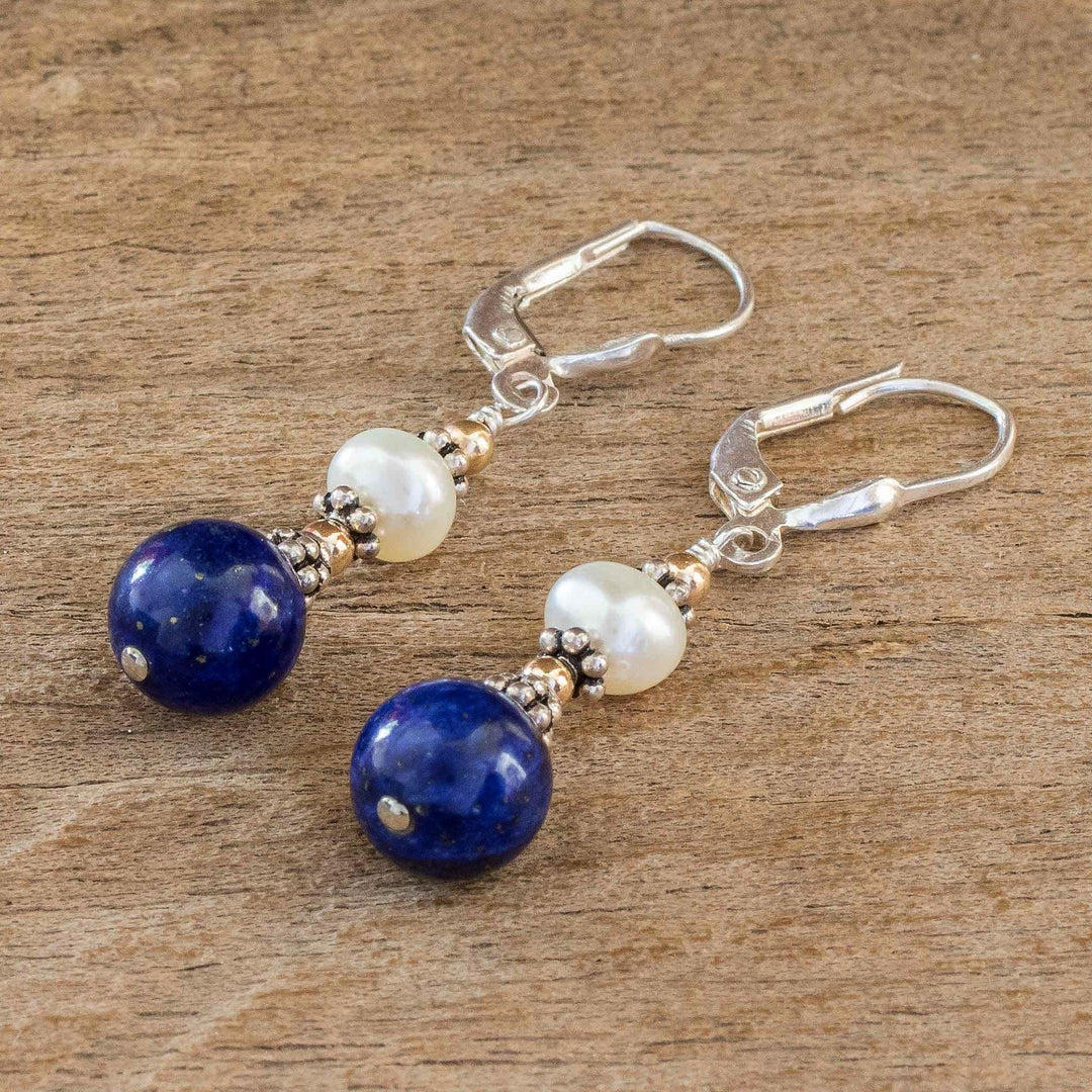 Lapis Lazuli and Cultured Pearl Earrings - Blue and White