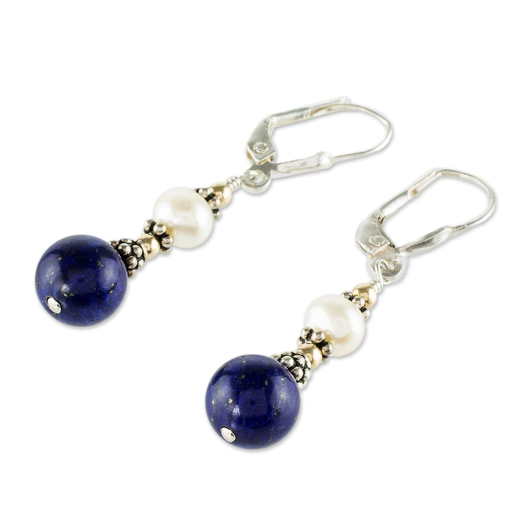 Lapis Lazuli and Cultured Pearl Earrings - Blue and White