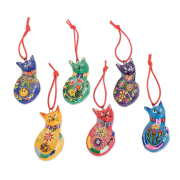 Set of 6 Terracotta Hanging Cat Ornaments From Guatemala - Rainbow Cats