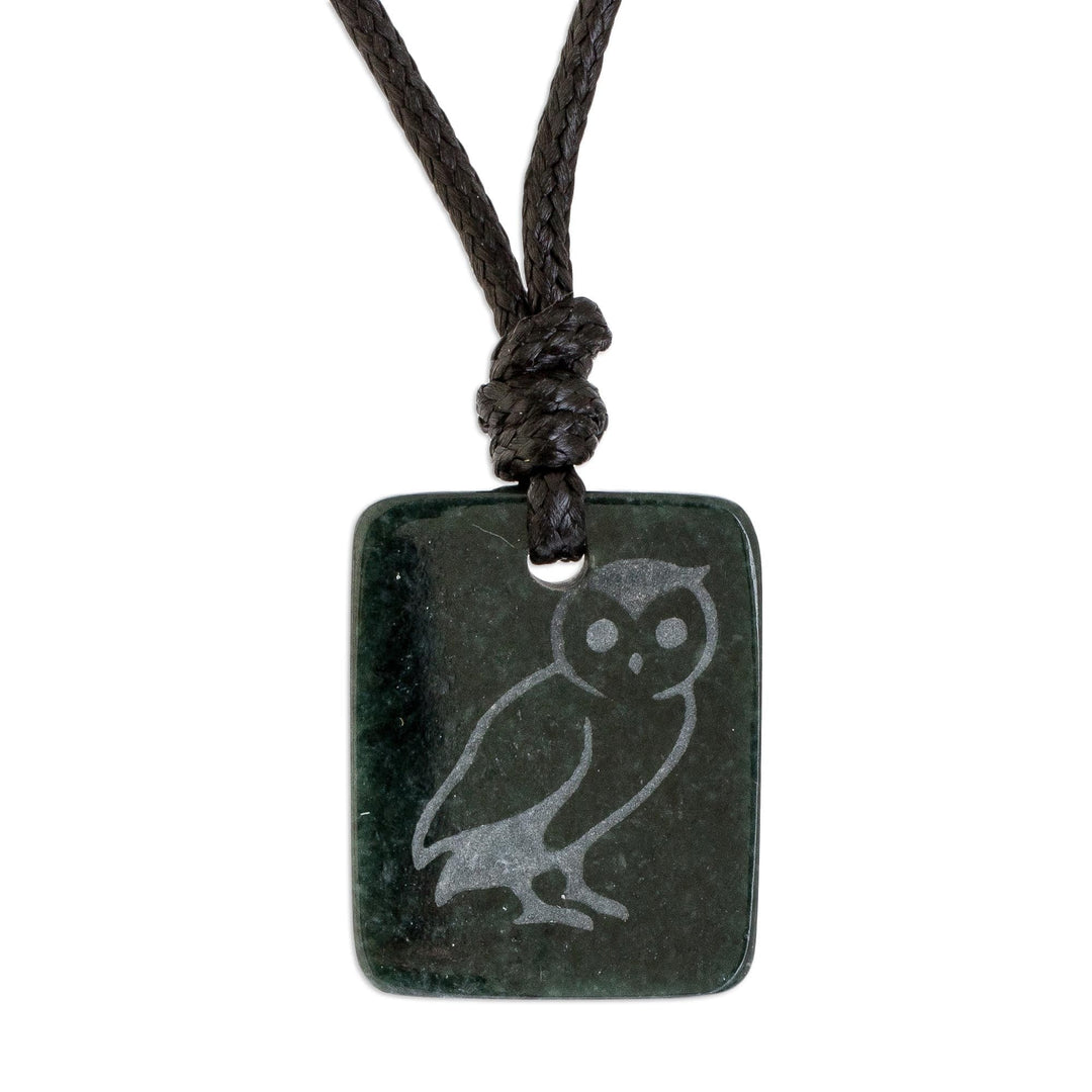Dark Green Jade Owl Pendant Necklace - Perceptive Owl