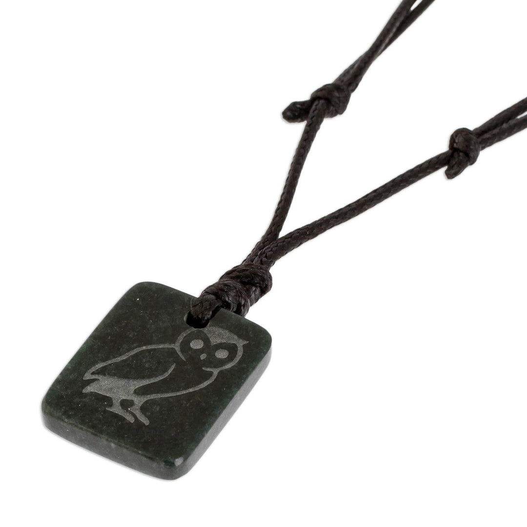 Dark Green Jade Owl Pendant Necklace - Perceptive Owl