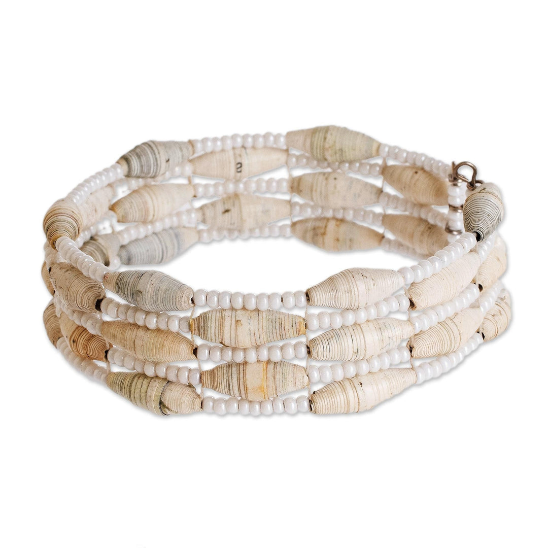 Beaded Recycled Paper Cuff Bracelet - Nature of Life in White
