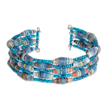 Blue Paper and Glass Bead Cuff Bracelet - Nature of Life in Blue