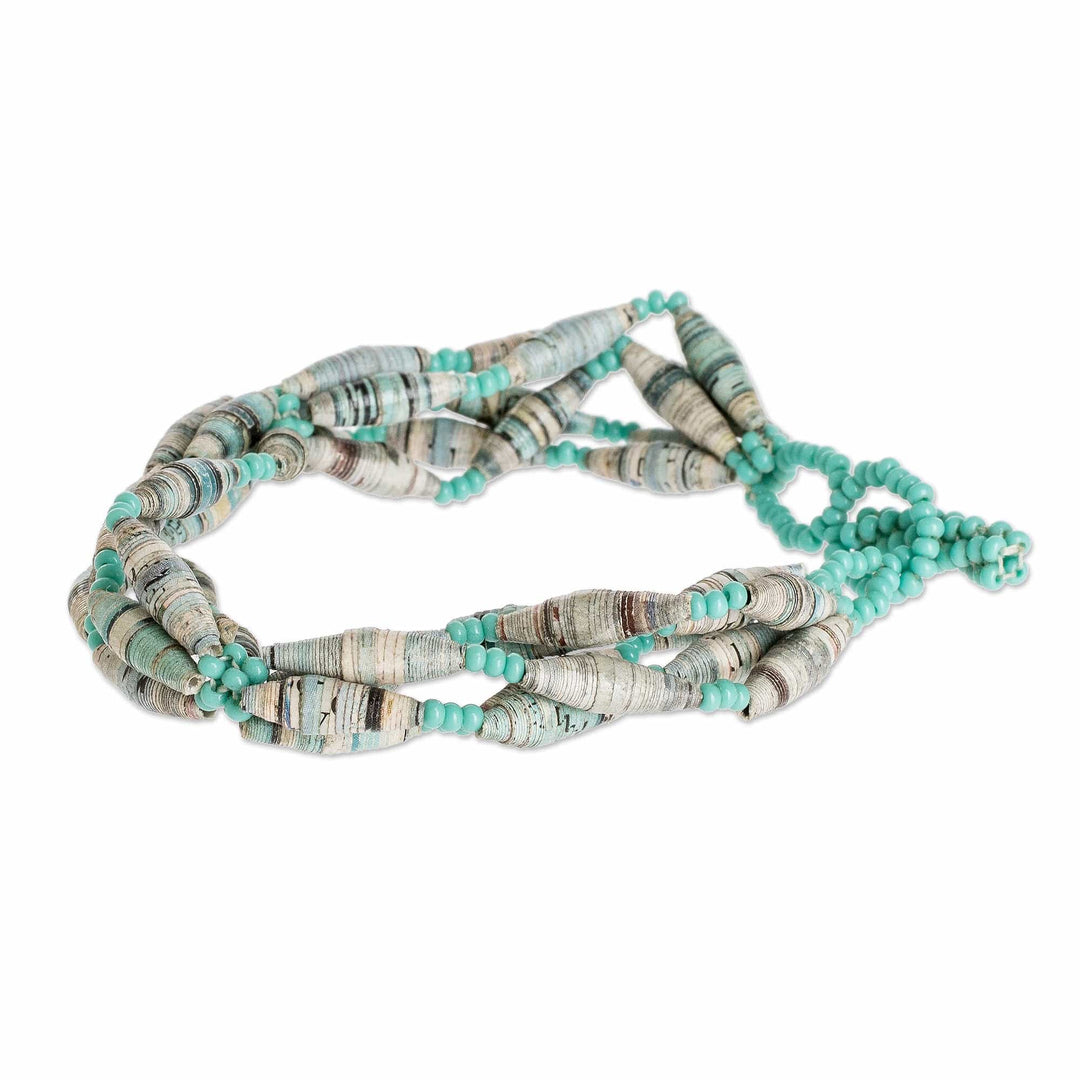 Aqua Glass and Recycled Paper Bracelet - Eco Spiral in Aqua