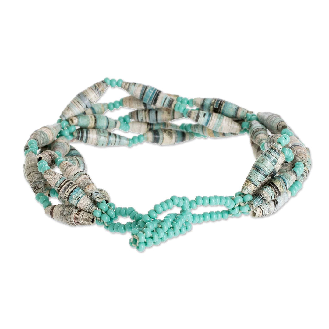 Aqua Glass and Recycled Paper Bracelet - Eco Spiral in Aqua