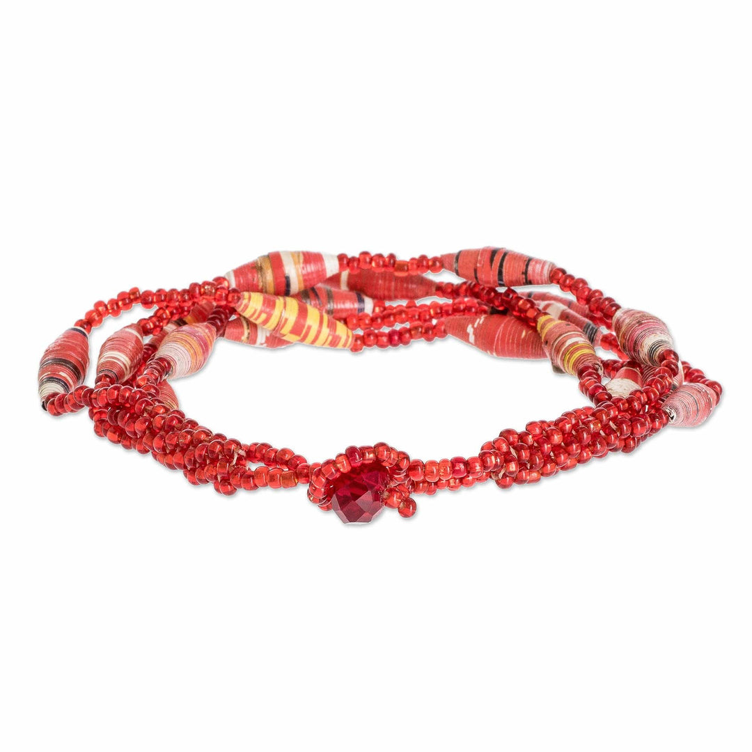 Red Beaded Recycled Paper Bracelet - Bonds of Friendship in Red