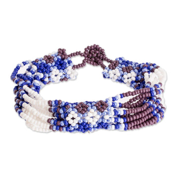 Blue and Purple Beaded Wristband Bracelet - Flower Harmony in Lapis