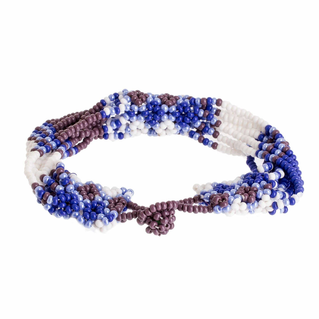 Blue and Purple Beaded Wristband Bracelet - Flower Harmony in Lapis