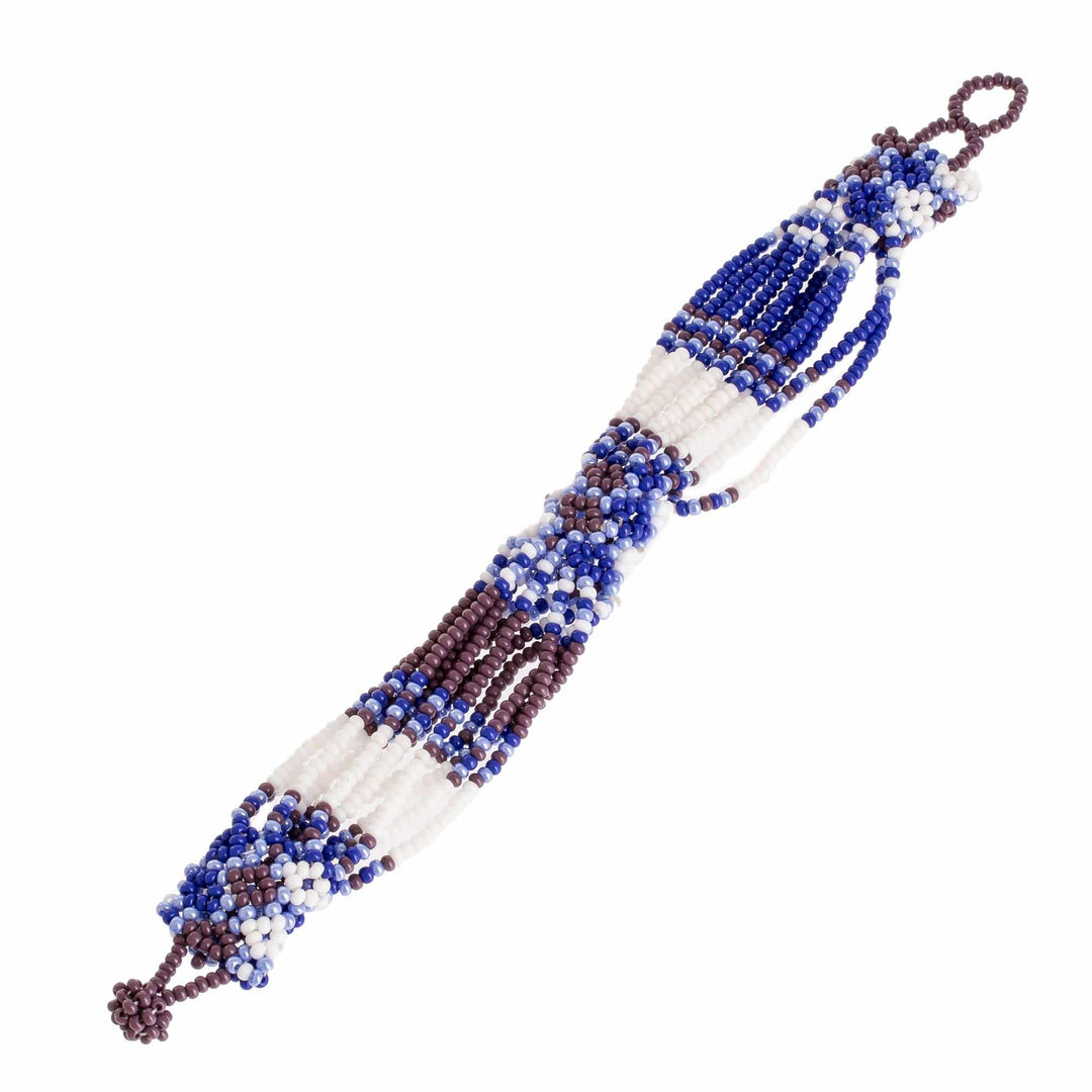 Blue and Purple Beaded Wristband Bracelet - Flower Harmony in Lapis