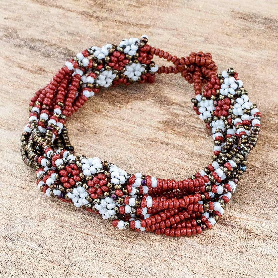 Glass Beaded Wristband Bracelet - Flower Harmony in Brick