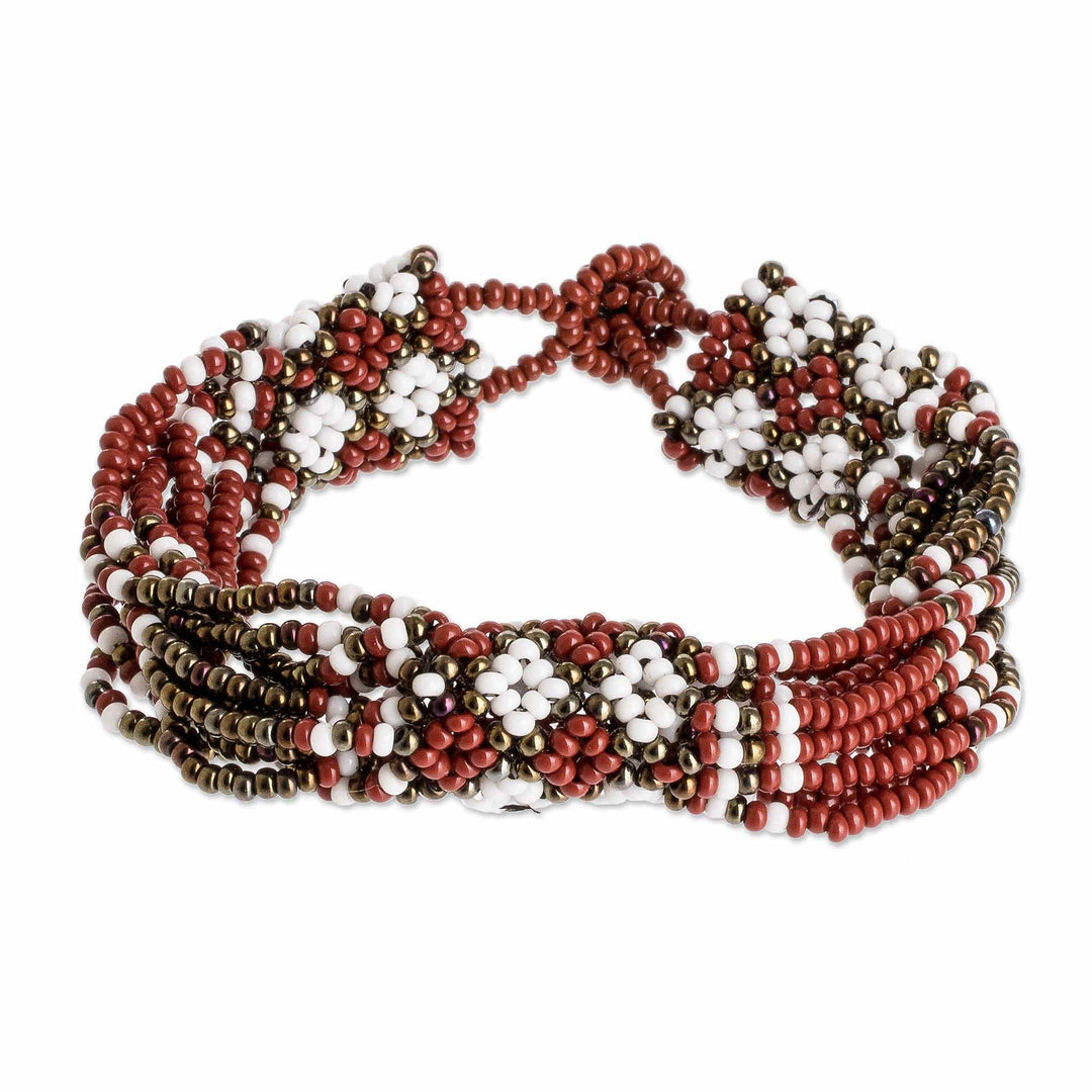 Glass Beaded Wristband Bracelet - Flower Harmony in Brick