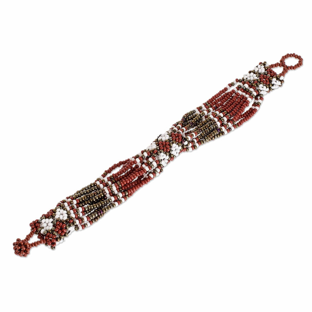 Glass Beaded Wristband Bracelet - Flower Harmony in Brick